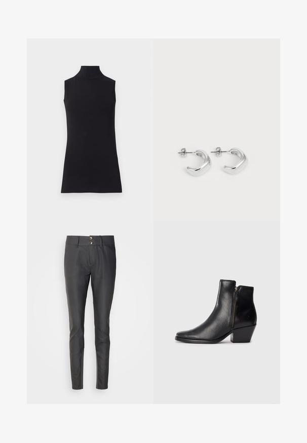 Mustat hihattomat poolopaidat, jotka on valmistettu sileästä kankaasta. Muotoiltu malli, jossa on korkea kaulus ja suora helma, minimalistinen ja yksivärinen.; Musta housut slim fit -mallilla, valmistettu sileästä materiaalista. Varustettu kahdella nappisuljennalla vyötäröllä ja litteällä etuosalla.; Mustakasta nahka nilkkuri, jossa on terävä varvas, sivuvetoketju ja paksu korko. Sileä pinta ja minimalistinen muotoilu.; Hope hopea, joissa on sileä ja kiillotettu pinta. Pyöreä muoto, jossa on hieman kaareva muotoilu ja sulautuvat reunat. Pinni kiinnitys.