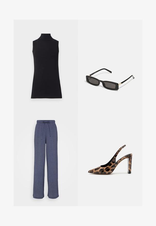 Must have muströppeta top, mis on valmistatud siledast kangast. Lihtne disain, kõrge kaelusega ja sirge äärega, minimalistik ja ühte värvi.; Tumed laiade jalad, mis on valmistatud tekstuurist kangast, koos elastse vöökohtadega st venitatava nööriga ja mugava lõikega jalgades.; Leopardimustriga saadaval sanga pump kõrge kontsaga, millel on terav varvas ja läbipaistev plokktald. Valmistatud läikivast materjalist, millel on sile tekstuur.; Mustad ristkülikukujulised prillid tumedate läätsedega, läikivad plastraamid ja kuldsed aktsendid templites. Minimalistlik disain ja voolujooneline kuju.; Kuldne rõngassõrmused sileda ja läikiva viimistlusega. Ringikujuline disain, millel on väike post ja selge tagumine külg, et tagada kindel kandmine.