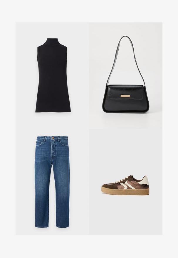 Black sleeveless turtleneck top, made from smooth fabric. Fitted design with a high neck and a straight hem, minimalistic and solid color.; Dark blue denim jeans with a straight leg design, featuring a zip fly, five pockets, and contrast stitching details.; Brown and cream sneakers with a combination of suede and satin materials, featuring three diagonal stripes and a textured gum sole.; Black leather handbag with a structured triangular shape, slim strap, and gold-tone hardware featuring a logo plaque on the front flap.; Gold hoop earrings with a textured, irregular shape. Features a seamless closure and a polished surface finish, emphasizing a modern design.