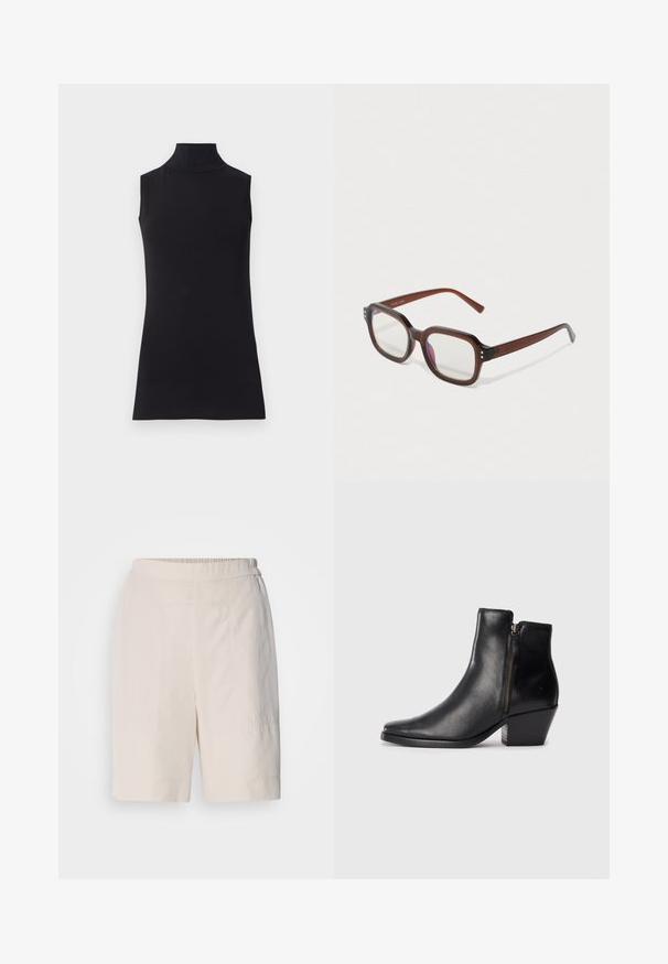 Top senza maniche nero con colletto alto, realizzato in un tessuto morbido. Design aderente con collo alto e orlo dritto, minimalista e di colore uniforme.; Pantaloni corti color crema con vestibilità comoda, caratterizzati da una parte anteriore piatta, una cintura elastica e dettagli di cucitura discreti sui lati.; Stivale alla caviglia in pelle nera con punta affilata, zip laterale e tacco spesso. Texture liscia e design minimalista.; Occhiali rettangolari traslucidi marroni con lenti trasparenti, leggero riflesso viola e piccoli punti decorativi dorati agli angoli anteriori.; Orecchini a cerchio in argento con una finitura liscia e lucida. Forma rotonda con un design leggermente curvato e bordi sfumati. Chiusura a perno.