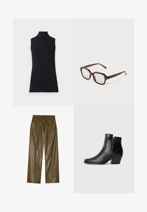Čierny bezramienkový rolák z hladkej látky. Priliehavý strih s vysokým golierom a rovnými zakončeniami, minimalistický a v jednoliatej farbe.; Zelené faux kožené nohavice s širokými nohavicami, elastickým pásom a nastaviteľným šnúrkovým uzatváraním. Obsahujú dve bočné vrecká a hladkú textúru.; Čierne kožené členkové topánky s špicatou špičkou, bočným zipsom a robustným podpätkom. Hladká textúra a minimalistický dizajn.; Hnedé priehľadné obdĺžnikové okuliare s čírymi šošovkami, s miernym fialovým odrazom a malými zlatými dekoratívnymi bodkami na predných rohoch.; Strieborné kruhové náušnice s hladkým, lesklým povrchom. Okrem zaobleného tvaru majú mierne zakrivený dizajn a splývajúce okraje. Uzáver na kolík.
