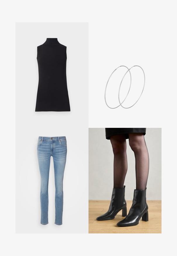 Must have muströppeta top, mis on valmistatud siledast kangast. Lihtne disain, kõrge kaelusega ja sirge äärega, minimalistik ja ühte värvi.; Heledad sinised kitsad teksad, mis on valmistatud denimist ja millel on klassikaline viie taskuga kujundus, keskmise kõrgusega vöökoht ning õrn tuhmumine jalgadel.; Mustad mustad jalanõud terava ninaga, paksu ruudukujulise kontsaga ja saleda disainiga. Omavad elastseid külgpaneele mugavaks selga tõmbamiseks.; Hõbedased rõngastikkaehingad minimalistlikus disainis. Ümar kuju, sile tekstuur ja õhuke profiil. Kerged ning poleeritud viimistlusega.