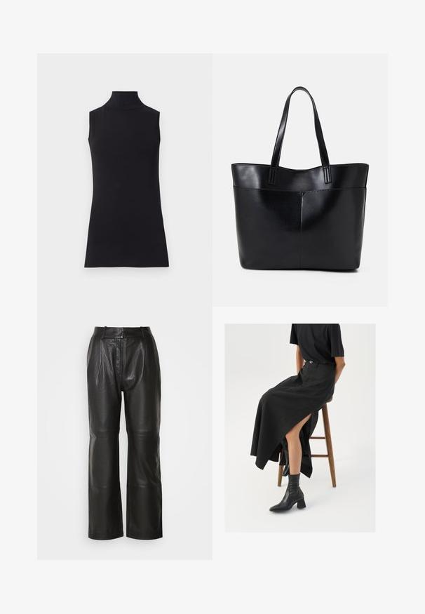 Top negro sin mangas con cuello alto, hecho de una tela suave. Diseño ajustado con cuello alto y dobladillo recto, minimalista y de color sólido.; Pantalones de cuero negro de pierna ancha con una textura suave, presentan una cintura alta, pliegues frontales y costuras visibles. Sin bolsillos ni adornos.; Falda maxi de lino negra con una abertura alta, combinada con una camiseta negra y botines negros. Diseño minimalista con un ajuste relajado.; Bolso tote de cuero negro con dos asas largas, textura suave y forma estructurada. Cuenta con un bolsillo frontal para almacenamiento adicional.