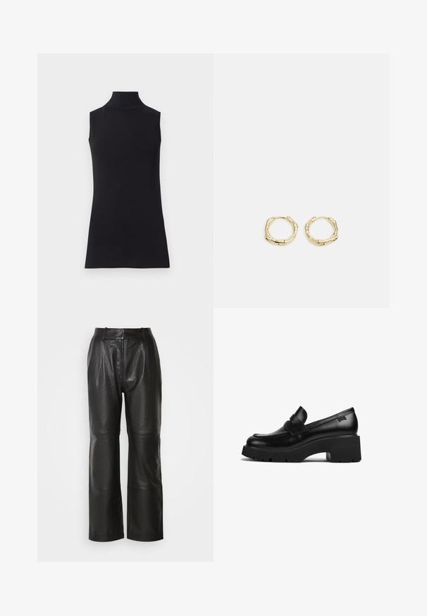 Schwarzes ärmelloses Rollkragenoberteil, aus glattem Stoff hergestellt. Eng anliegendes Design mit hohem Kragen und geradem Saum, minimalistisch und in einfarbiger Ausführung.; Schwarze Leder-Hose mit weit geschnittenem Bein und glatter Textur, featuring eine hohe Taille, vordere Falten und sichtbare Nähte. Ohne Taschen oder Verzierungen.; Schwarze Leder-Loefer mit klobigem Absatz, dicker Sohle und einem Riemen über der Oberseite, seitlich auf einem weißen Hintergrund gezeigt.; Goldene Creolen mit einer strukturierten, unregelmäßigen Form. Sie verfügen über einen nahtlosen Verschluss und eine polierte Oberflächenbehandlung, die ein modernes Design betont.