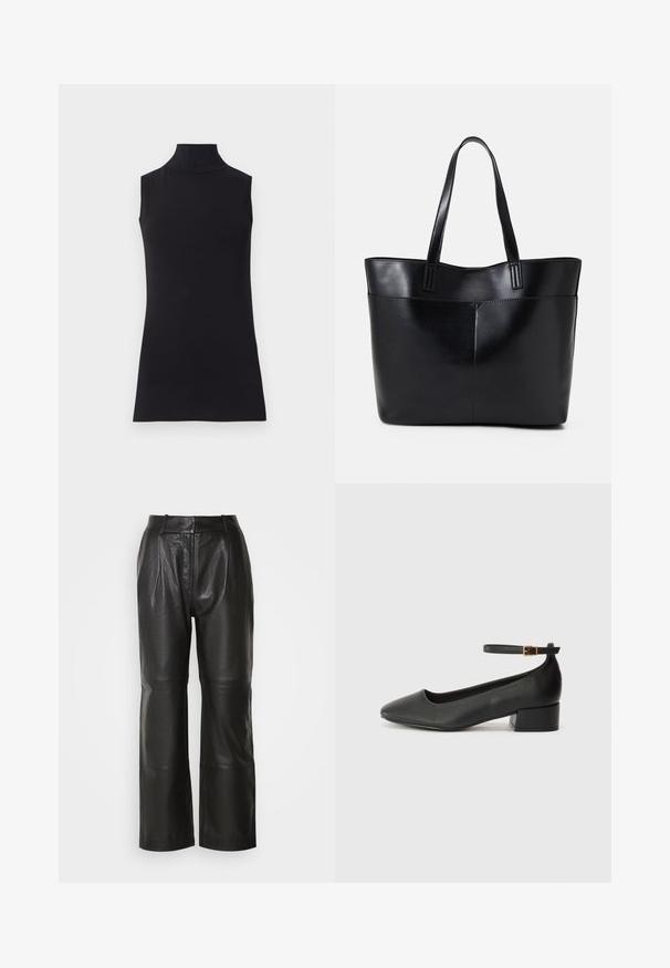 Sort ærmeløs turtleneck top, lavet af glat stof. Figurtilpasset design med høj hals og lige kant, minimalistisk og ensfarvet.; Sorte læder bukser med vidde i benene og en glat tekstur, der har høj talje, forknepleater og synlige sømme. Ingen lommer eller udsmykninger.; Sorte læderpumper med spids tå og en lav blokhæl. Har en ankelrem med en guldfarvet spænde. Glat tekstur.; Sort læder tote taske med to lange håndtag, en glat tekstur og en struktureret form. Har en forlommem for ekstra opbevaring.