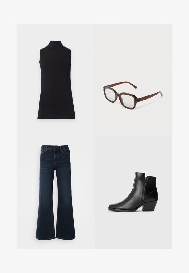 Melna bezpiedurkņu augstais kakls, izgatavots no gludas auduma. Pielāgotā forma ar augstu kaklu un taisnu apakšmalu, minimālistisks un vienkrāsains.; Mos Mosh HERA - Džinsi ar paplatinātiem galiem - dark blue; Melna ādas potītes zābaciņš ar smailu purngalu, sānu rāvējslēdzēju un masīlu papēdi. Gluda tekstūra un minimālistisks dizains.; Brūni caurspīdīgi taisnstūrveida briļļu rāmis ar caurspīdīgiem lēcām, ar vieglu violetu atspulgu un maziem zeltītu dekoriem priekšējās stūrītēs.; Sudraba gredzena auskari ar gludu, pulētu apdari. Apaļa forma ar nedaudz izliekta dizaina un sajauktām malām. Ar tapu aizdari.