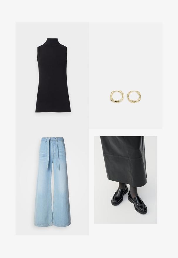 Top negro sin mangas con cuello alto, hecho de una tela suave. Diseño ajustado con cuello alto y dobladillo recto, minimalista y de color sólido.; Vaqueros de pierna ancha en un azul claro con cintura alta, con un cinturón atado, bolsillos laterales y una textura de denim ligeramente desteñida.; Mocasines de cuero negro con un acabado suave, que presentan una tira decorativa, puntera redonda y suela texturizada. Llevados con una falda larga de cuero negro.; Pendientes de aro de oro con forma irregular y texturizada. Presentan un cierre sin costuras y un acabado pulido, destacando un diseño moderno.