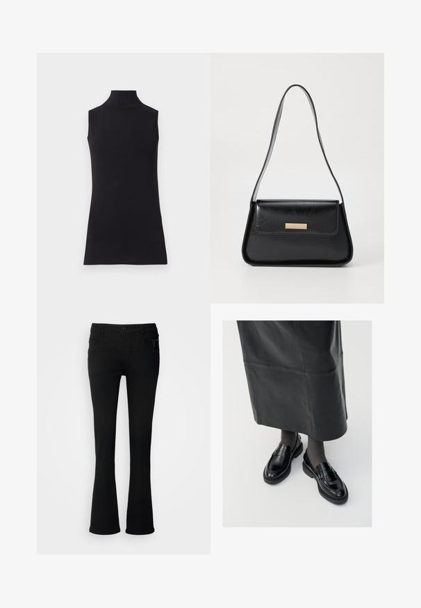 Czarny bezrękawnik z golfem, wykonany z gładkiego materiału. Dopasowany fason z wysoką szyją i prostym dołem, minimalistyczny i w jednolitym kolorze.; Czarne dżinsy typu dzwony wykonane z denimu, z zapięciem na guzik, dwoma przednimi kieszeniami oraz zamkiem błyskawicznym na prawej kieszeni.; Czarne skórzane mokasyny o gładkim wykończeniu, z ozdobnym paskiem, okrągłym noskiem i teksturowaną podeszwą. Noszone z długą czarną skórzaną spódnicą.; Czarna skórzana torebka o strukturalnym, trójkątnym kształcie, z wąskim paskiem i złotymi elementami ozdobnymi, wyposażona w tabliczkę z logo na przedniej klapie.; Złote kolczyki w kształcie obręczy o teksturowanej, nieregularnej formie. Posiadają bezszwowe zapięcie oraz polerowane wykończenie, podkreślające nowoczesny design.