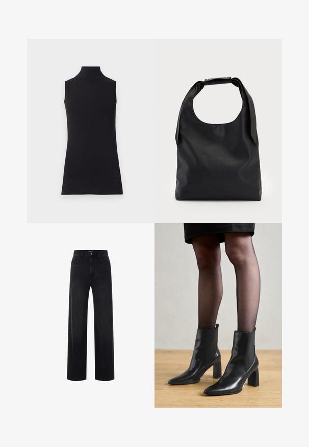 Juodas be rankovių golfo tipo megztinis, pagamintas iš lygaus audinio. Prigludęs dizainas su aukšta apykakle ir tiesia apačia, minimalistinis ir vienos spalvos.; Juodi aukšto liemens tiesūs džinsai su priekyje esančiu užsegimu mygtuku ir užtrauktuku, diržo kilpos ir priekiniai kišeniai.; Juodos odinės aulinės botai su smailiu priekiniu galiuku, masyviu kvadratiniu kulnu ir elegantišku dizainu. Yra elastingos šoninės detalės, kad būtų lengva užsidėti.; Juoda odinė hobo tipo rankinė su viena minkšta, apvalia rankena; pasižymi lygiu paviršiumi ir minimalizmu. Nėra matomų detalių ar akcentų.; Sidabrinės pusmėnulio auskarai minimalistiniu dizainu. Apskritimo forma, lygus paviršius ir plonas profilis. Lengvi su poliruotu apdailu.