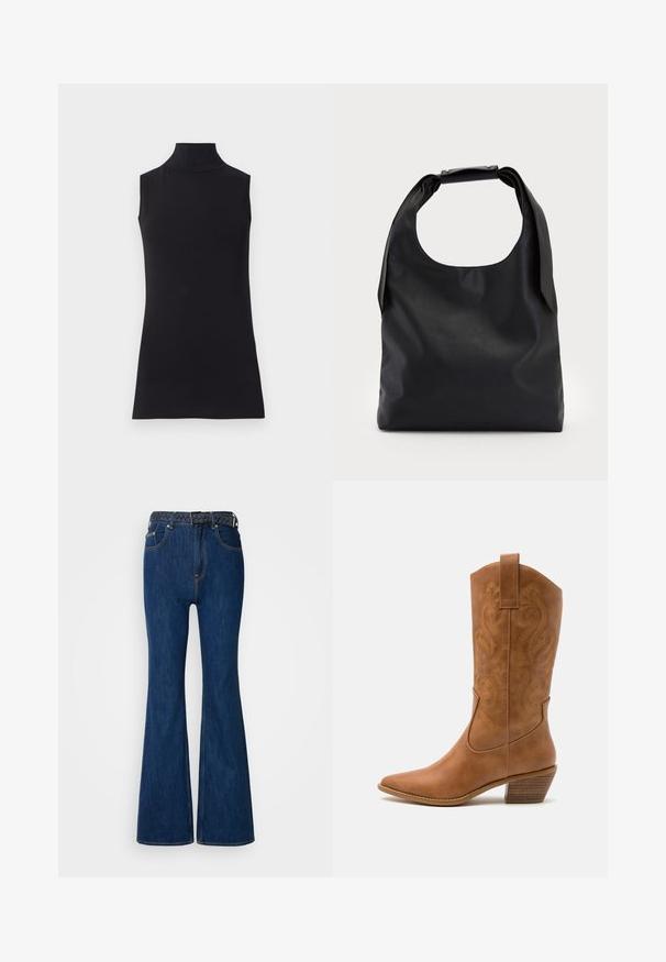 Juodas be rankovių golfo tipo megztinis, pagamintas iš lygaus audinio. Prigludęs dizainas su aukšta apykakle ir tiesia apačia, minimalistinis ir vienos spalvos.; Mėlynos džinsinio audinio kelnės su platiems apačioje ir aukštu juosmeniu, kontrastinga siuvinėjimo linija ir austas diržas su pintu dizainu. Smygu struktūra ir klasikinis stilius.; Ruda odinė kantri batai su smailiu būtų pirštu, siuvinėtais spiralės raštais ant viršaus ir su kamščiu blokuotu kulnu. Yra tamprių užtraukių, kad būtų lengviau užsidėti.; Juoda odinė rankinė su plačiu atviru viršumi ir vienu petnešėlio dirželiu. Minkšta tekstūra, minimalistinis dizainas, subtilūs metaliniai akcentai.; Aukso žiedo auskarai su tekstūruotu, netaisyklingu paviršiumi. Yra be siūlių užsegimas ir poliruotas paviršius, akcentuojantis modernų dizainą.