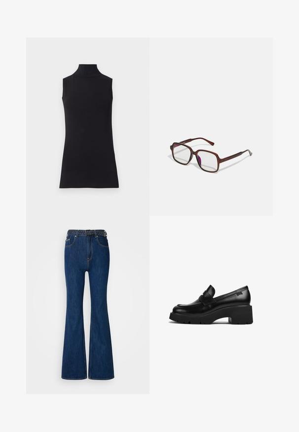 Top senza maniche nero con colletto alto, realizzato in un tessuto morbido. Design aderente con collo alto e orlo dritto, minimalista e di colore uniforme.; Jeans a zampa d'elefante in denim blu con vita alta, cuciture a contrasto e una cintura intrecciata. Tessuto liscio e stile classico.; Mocassino in pelle nera con tacco chunky, suola spessa e un dettaglio a strap nella parte superiore, mostrato di lato su uno sfondo bianco.; Occhiali rettangolari marroni con lenti trasparenti e tonalità viola. Montatura in plastica liscia con stanghette dritte e accenti sottili.; Orecchini a cerchio in oro con una forma irregolare e texture. Presentano una chiusura senza giunture e una finitura superficiale lucida, che enfatizza un design moderno.