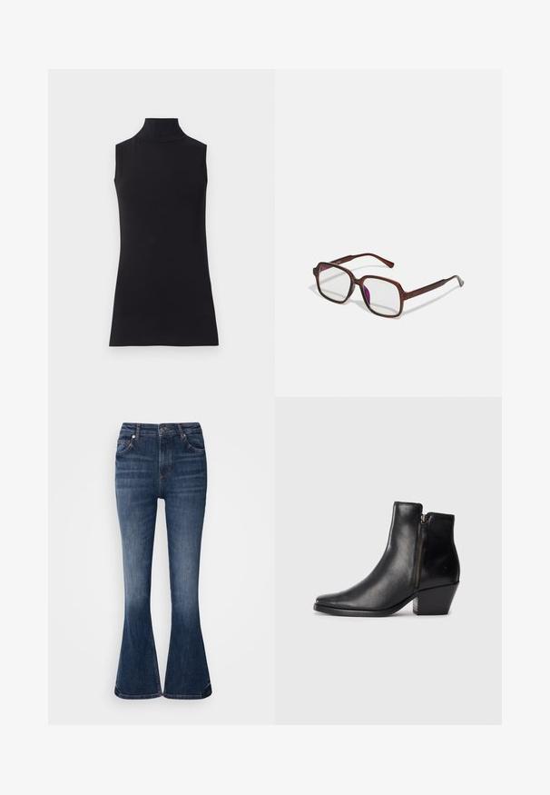 Melna bezpiedurkņu augstais kakls, izgatavots no gludas auduma. Pielāgotā forma ar augstu kaklu un taisnu apakšmalu, minimālistisks un vienkrāsains.; Tumši zili džinsi ar platām kājām un augstu vidukli, ar priekšējiem kabatām un nedaudz izbalējušām vietām gar augšstilbiem. Šuves detaļas viduklī un apakšmalā.; Melna ādas potītes zābaciņš ar smailu purngalu, sānu rāvējslēdzēju un masīlu papēdi. Gluda tekstūra un minimālistisks dizains.; Brūnas, taisnstūra formas brillēs ar caurspīdīgām lēcām un purpura nokrāsām. Gluda plastmasas apdare ar taisnām tempļiem un smalkiem akcentiem.; Zelta riņķveida auskari ar tekstūru un neregulāru formu. Iekļauj bezšuvju aizdari un pulētu virsmas apdari, uzsverot mūsdienīgu dizainu.