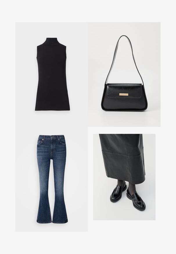 Top fără mâneci, de culoare neagră, confecționat dintr-un material neted. Design ajustat cu guler înalt și tiv drept, minimalist și de culoare solidă.; Jeans evazate din denim bleu închis, cu talie înaltă, buzunare frontale și zone ușor decolorate de-a lungul coapselor. Detalii de cusătură la talie și la tiv.; Loaferi negri din piele cu o finisare netedă, dotati cu o curea decorativă, vârf rotund și talpă texturată. Purtați cu o fustă lungă din piele neagră.; Geantă de piele neagră cu o formă triangulară structurată, curea subțire și accesorii din metal de culoare aurie, având un plăcuță cu logo pe clapeta din față.; Cercei din aur în formă de cerc, cu o textură neregulată. Prezintă un sistem de închidere fără cusături și un finisaj lucios, evidențiind un design modern.