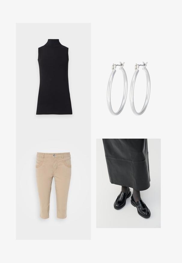 Sort ærmeløs turtleneck top, lavet af glat stof. Figurtilpasset design med høj hals og lige kant, minimalistisk og ensfarvet.; Beige cropped chinos med en glat bomuldsstruktur, der har to frontlommer og en knaplukning i taljen.; Sorte læder loafers med en glat finish, prydet med en dekorativ rem, rund tå og tekstureret sål. Båret med en lang sort læderskirt.; Sølv hoop øreringe med en glat, poleret overflade. Rund form og sikker klik-lukning. Letvægtsdesign, der er velegnet til hverdagsbrug.