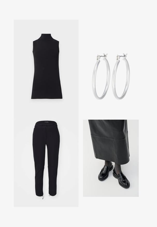Black sleeveless turtleneck top, made from smooth fabric. Fitted design with a high neck and a straight hem, minimalistic and solid color.; Black pants with a smooth texture, featuring a fitted design, elastic waistband, two pockets, and adjustable cuffs with drawstrings.; Black leather loafers with a smooth finish, featuring a decorative strap, round toe, and textured sole. Worn with a long black leather skirt.; Silver hoop earrings with a smooth, polished finish. Round shape and secure click-top closure. Lightweight design suitable for everyday wear.