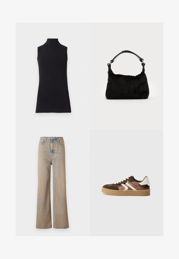 Black sleeveless turtleneck top, made from smooth fabric. Fitted design with a high neck and a straight hem, minimalistic and solid color.; Light wash wide-leg jeans with a high waist, made of denim. Features subtle stitching and five pockets, with a slightly faded texture.; Brown and cream sneakers with a combination of suede and satin materials, featuring three diagonal stripes and a textured gum sole.; Black faux fur handbag with a soft texture, rounded shape, and a sturdy black leather shoulder strap. Silver hardware accents visible.; Silver hoop earring with a polished finish, featuring small gold accent details and a round shape, worn on the lobe.