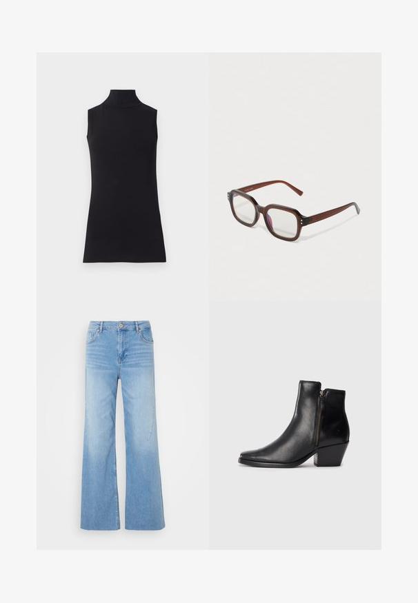 Črna brezrokavna turtleneck majica, izdelana iz gladkega materiala. Prilagojen dizajn z visokim ovratnikom in ravnim robom, minimalistična in enobarvna.; Svijetloplave široke traperice od denima imaju zatvaranje na gumbe sprijeda, dizajn s pet džepova i suptilno izbjeljivanje za dodatnu teksturu.; Črne usnjene gležnjarji s podolgovatim nosom, stranskim zadrgo in debelim peto. Gladka tekstura in minimalistična zasnova.; Rjavi prozorniki pravokotne oblike z jasnimi lečami, lahkim purpurnim odsevom in majhnimi zlatimi okrasnimi pikami na sprednjih vogalih.; Srebrni uhani v obliki obroča z gladko, polirano površino. Okrogla oblika s nekoliko ukrivljenim dizajnom in spojem robov. Zaponka za zaklepanje.