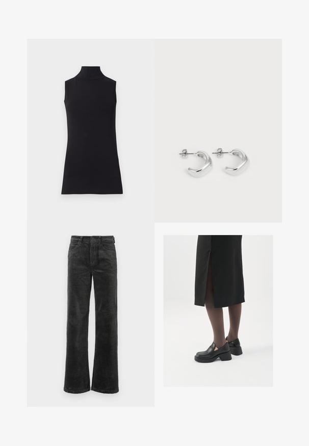Top fără mâneci, de culoare neagră, confecționat dintr-un material neted. Design ajustat cu guler înalt și tiv drept, minimalist și de culoare solidă.; Pantaloni negri din catifea cu picioare largi, cu buzunare frontale și închidere cu buton, textură moale cu model în relief pe întreaga suprafață.; Pantofi din piele neagră cu vârful rotund, toc bloc gros și accente elastice pe lateral, asortați cu colanți închiși la culoare și o fustă neagră cu o fanta.; Cercei rotunzi din argint cu o finisare netedă și lustruită. Formă rotundă cu un design ușor curbat și margini armonizate. Închidere cu pini.