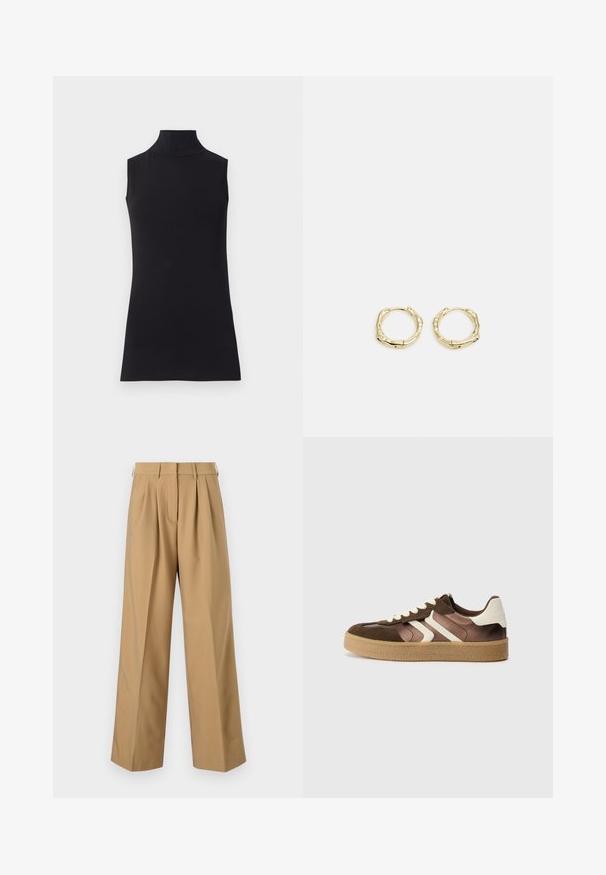 Top senza maniche nero con colletto alto, realizzato in un tessuto morbido. Design aderente con collo alto e orlo dritto, minimalista e di colore uniforme.; Pantaloni di cotone beige con vita alta, frontale plissettato, gamba ampia e texture liscia. Presentano una cintura standard e passanti per la cintura.; Sneaker marroni e crema realizzati in una combinazione di materiali scamosciati e satinati, con tre strisce diagonali e una suola in gomma testurizzata.; Orecchini a cerchio in oro con una forma irregolare e texture. Presentano una chiusura senza giunture e una finitura superficiale lucida, che enfatizza un design moderno.