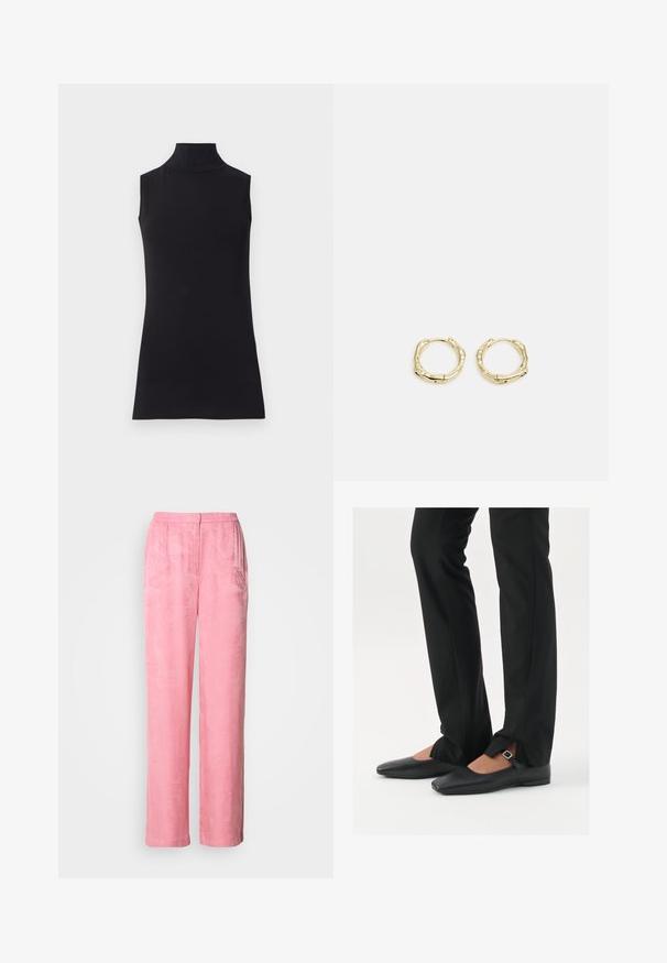 Juodas be rankovių golfo tipo megztinis, pagamintas iš lygaus audinio. Prigludęs dizainas su aukšta apykakle ir tiesia apačia, minimalistinis ir vienos spalvos.; Rožinės plačios kojų kelnės, pagamintos iš tekstūruotos medžiagos su subtiliu lapų raštu. Turi aukštą juosmenį ir raukšlėtą priekį, užtikrinantį laisvą prigludimą.; Juodų odinių balerinų batų su smailiu priekiu, juostele su sidabro sagtimi, derinami su juodomis pritaikytomis kelnėmis, turinčiomis plyšinį hemą.; Aukso žiedo auskarai su tekstūruotu, netaisyklingu paviršiumi. Yra be siūlių užsegimas ir poliruotas paviršius, akcentuojantis modernų dizainą.