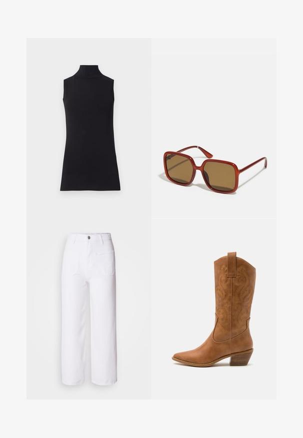 Melna bezpiedurkņu augstais kakls, izgatavots no gludas auduma. Pielāgotā forma ar augstu kaklu un taisnu apakšmalu, minimālistisks un vienkrāsains.; Baltas denims ar platām kājām, ar pogu aizdari, jostas cilpām, divām priekšējām kabatām un vienu aizmugurējo kabatu. Izturīgs un struktūras audums.; Brūni ādas kovboju zābaks ar norādītu purngalu, izšūtām viļņveida apakšējo detaļu un sakrautajiem blokiem. Iezīmēts ar velkšanas cilpu ērtai uzvilkšanai.; Sarkani kvadrātveida saulesbrilles ar brūnām tonētām lēcām. Biezas, spīdīgas kājas un plānas rokturi ar nelielu detaļu sānos vizuālai interesei.; Sudraba auskars ar pulētu apdari, ar maziem zelta akcentiem un apaļu formu, uz ausu ļipiņas.