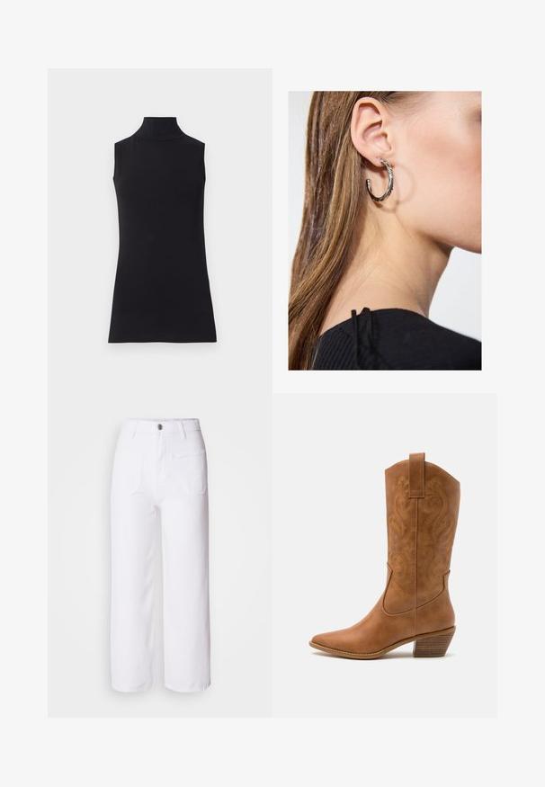 Černá bezrukávová roláková halenka vyrobená z hladkého materiálu. Střih na tělo s vysokým límcem a rovnými lemy, minimalistický a jednobarevný.; Bílé džíny s širokými nohavicemi, zapínáním na knoflík, poutky na opasek, dvěma předními kapsami a jednou zadní kapsou. Odolná a strukturovaná tkanina.; Hnědé kožené kovbojské boty s špičatou špičkou, vyšívanými spirálovými vzory na štítech a s blokovým podpatkem. Obsahují poutko pro snadné obouvání.; Stříbrný kruhový náušník s lesklým povrchem, zdobený malými zlatými akcenty, v kulatém tvaru, nošený na lalůčku.