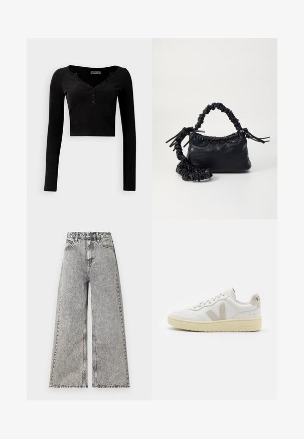 Črn skrajšan dolg rokav vrh iz rebraste tkanine, z V-izrezom in trimi gumbi na sprednji strani.; Široke hlače iz bledega črnega denima, z visokim pasom, klasičnim pet-žepnim dizajnom in vidnimi šivi.; Bela usnjena tenisača z bež semiš poudarki, perforiranim prednjim delom, ravnimi vezalkami in strukturiranim kremnim podplatom. Ima diskretno blagovno znamko na peti.; Črna torbica iz umetnega usnja s krokodilovo teksturo, z zvitim vrhom in zmečkano naramico. Zdi se mehka in kompaktna v oblikovanju.