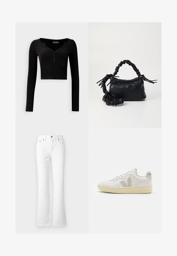 Top negro corto de manga larga hecho de tela acanalada, con un escote en forma de V y una hilera de tres botones en la parte delantera.; Jeans de mezclilla blancos de campana con cintura alta, cinco bolsillos y cierre de botón. La tela tiene una textura suave con costuras visibles.; Zapatilla de piel blanca con acentos de ante beige, caja de puntera perforada, cordones planos y suela texturizada en color crema. Cuenta con un branding sutil en el talón.; Bolso de mano de imitación cuero negro con textura de cocodrilo, parte superior fruncida y correa arrugada. Presenta un diseño suave y compacto.
