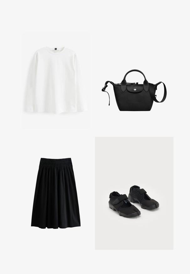 White long-sleeve T-shirt made of cotton. Features a round neckline, regular fit, and minimalistic design with no patterns or visible hardware.; Black, knee-length skirt with a smocked waistband. Made of soft fabric, it has a relaxed fit and smooth texture with no visible patterns.; Black water shoes made of flexible fabric with a Velcro strap, featuring a unique split-toe design and textured rubber sole for grip.; Black tote bag made of nylon with a structured shape, leather accents, dual handles, a detachable strap, and a snap closure.