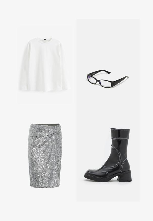 Baltas ilgas rankovėmis marškinėliai iš medvilnės. Savybės: apvalus iškirpimas, standartinė prigludimas ir minimalistinis dizainas be raštų ar matomų detalių.; Sidabrinė blizgi mini sijonas su apvyniojimo dizainu, turintis lygią tekstūrą ir priglundantį siluetą. Papuoštas spindinčiais blizgučiais.; Juodo lakuoto odos kulkšninis batas su baltomis siūlėmis, apvaliu pirštu ir blokuotu kulnu. Ypatinasi išlenktomis dizaino linijomis ir lygia tekstūra.; Juodi stačiakampiai akinių rėmeliai su skaidriais lęšiais. Blizgus paviršius, siauri šonai ir purpurinis atspalvis, matomas lęšių pakraščiuose.; Sidabrinis nerūdijančio plieno laikrodis su kvadratiniu korpusu, baltu ciferblatu, analoginiu ir skaitmeniniu ekranu, bei metaline grandinėle. Atsparus vandeniui.