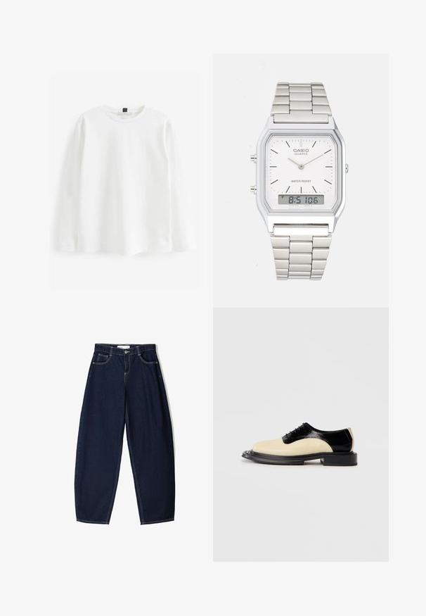 Vit långärmad T-shirt i bomull. Har en rund halsringning, vanlig passform och en minimalistisk design utan mönster eller synlig hårdvara.; Mörkblå denimbyxor med lös passform, med fem fickor, kontrasterande sömmar och dragkedjeöppning fram.; Tvåfärgad snörskor med en krämig beige läderfront och en glossy svart läderbaksida, med en tjock svart texturerad sula.; Silvrig klocka i rostfritt stål med fyrkantig klocka, vit urtavla, analog och digital visning samt länkarmband i metall. Vattentålig design.