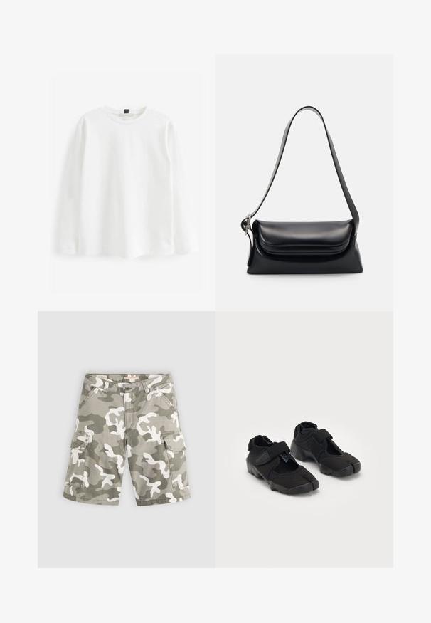Witte T-shirt met lange mouwen, gemaakt van katoen. Heeft een ronde halslijn, een normale pasvorm en een minimalistisch ontwerp zonder patronen of zichtbare hardware.; Levi's® BAGGY DAD CARGO SHORT - Jeansshort - bader camo agate gray; Zwarte waterschoenen gemaakt van flexibel materiaal met een klittenbandsluiting, met een unieke gesplitste te ontwerpen en een rubberen zool met textuur voor grip.; Zwarte leren handtas met een gestructureerde vorm, een gladde textuur en een enkele schouderband. Heeft een subtiele, afgeronde klepontwerp.