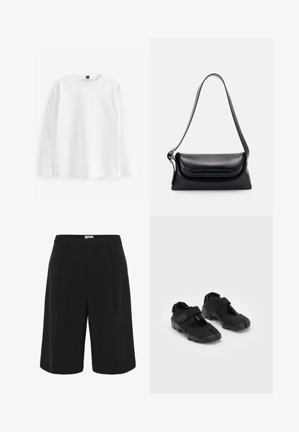 Fehér, hosszú ujjú póló, 100% pamutból készült. Kerek nyakkivágással, normál szabással rendelkezik, minimalista dizájnnal, minta vagy látható fémalkatrészek nélkül.; Part Two KAIRAPW - Rövidnadrágok - black; Fekete vízicipők rugalmas anyagból, tépőzárral, egyedülálló osztott orrdesignnal és texturált gumitalppal a tapadás érdekében.; Fekete bőr kézitáska, amelynek struktúrált formája, sima textúrája és egyetlen vállpántja van. Finom, lekerekített fedél kialakítással rendelkezik.