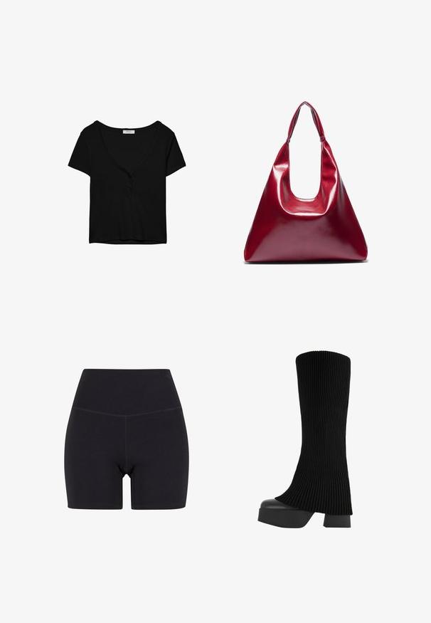 Černé tričko s krátkým rukávem a výstřihem do V, se třemi knoflíky na zapínání. Vyrobeno z měkkého, elastického materiálu. Jednoduchý, klasický design.; Černé vysoké šortky vyrobené z pružného materiálu. Mají elastický pás, hladkou strukturu a délku do poloviny stehna s bezešvým designem.; Černé kozačky do poloviny stehen se ribbovaným textilním svrškem, robustní platformou a blokovým podpatkem, s hladkou strukturou a elegantním, moderním designem.; Červená lesklá kožená kabelka trojúhelníkového tvaru, široké horní otevírání a jeden zakřivený popruh. Hladký povrch s minimálními detaily šití.