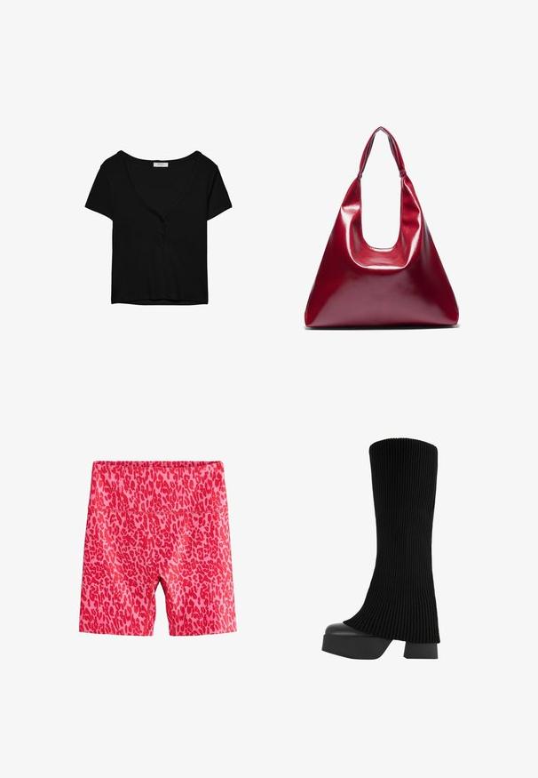 Čierne tričko s krátkym rukávom, výstrihom do V a trojbuttonovou légou. Vyrobené z mäkkého, elastického materiálu. Jednoduchý, klasický dizajn.; Ružové šortky s červeným leopardím vzorom. Vyrobené z elastického materiálu, s vysokým pásom a dĺžkou po kolená.; Čierne vysoké čižmy po kolená s ribbed textíliou, robustnou platformou a blokovým podpätkom, s hladkou textúrou a elegantným, moderným dizajnom.; Červená lesklá kožená kabelka trojuholníkového tvaru so širokým vrchným otvorom a jedným zakriveným uchom. Hladký povrch s minimálnymi švami.