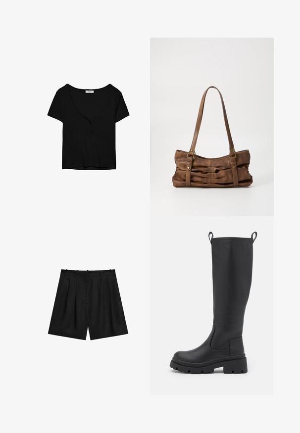 T-shirt nera a maniche corte con scollatura a V e patta con tre bottoni. Realizzata in tessuto morbido e elasticizzato. Design semplice e classico.; Pantaloni corti neri su misura realizzati in un tessuto liscio e leggero. Presentano pinces, due tasche laterali e un design della vita pulito.; Stivale nero fino al ginocchio in pelle liscia con suola spessa e tacco leggero. Presenta fascette posteriori e pannelli laterali elasticizzati per una facile vestibilità.; Even&Odd Borsa a mano - brown