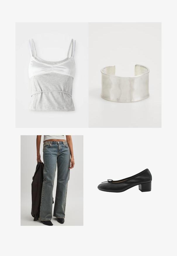 Camiseta sin mangas gris y blanca con tirantes ajustables, que presenta una sección superior de satén y una sección inferior de algodón gris texturizado, ceñida en la cintura.; Vaqueros de denim azul claro con un corte relajado, que presentan una cintura de altura media, costuras visibles y un diseño clásico de cinco bolsillos. También hay calzado negro y una chaqueta oscura.; Zapato de tacón de cuero negro con punta redonda, pequeño detalle de lazo en la parte delantera y tacón cuadrado. Textura suave con acentos de diseño mínimos.; Zign Pulsera - silver-coloured