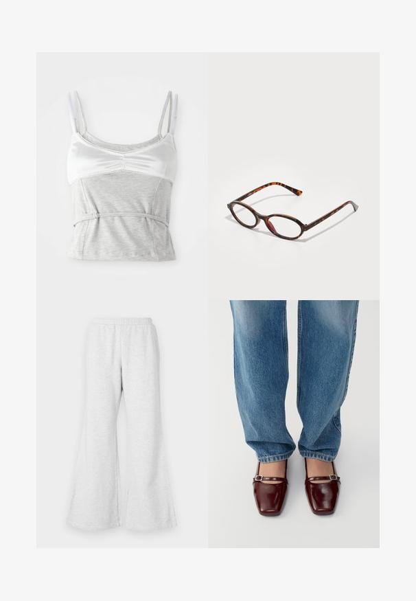 Pilkas ir baltas liemenėlė su reguliuojamomis petnešėlėmis, pasižyminti satino viršutine dalimi ir tekstūruota pilka medvilnės apatine dalimi, susiaurinta juosmens srityje.; Šviesiai pilkos spalvos platiomis kelnėmis su guminėmis juostomis, pagamintos iš švelnios, tekstūruotos medžiagos. Turi laisvą siluetą ir plačius kelnių įpjovimus.; Bordo lakinės odos bateliai su kvadratiniu pirštu ir kulkšnies dirželiu, derinami su šviesiai mėlynomis laisvo kirpimo džinsais. Bateliai turi blizgų paviršių.; Sunglassiai su vėžlio kiautu, ovaliomis lęšiais, tamsiu ramu su šviesiais ir tamsiais rudos spalvos raštais, ir lieknomis, kreivomis šventyklomis.; Juodas odinis krepšys per petį su tekstūriniu paviršiumi. Yra trys išoriniai kišeniai ir reguliuojama dirželis. Kompaktiška, apvali forma.