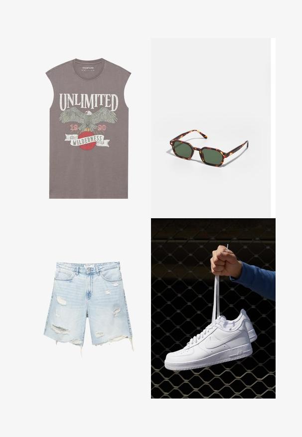 Harmaa hihaton T-paita, jossa on kotka- grafiikka, teksti "RAJOITTAMATON VILJELYS", ja punainen maapallomuotoilu. Pehmeä puuvillakangas rentoa istuvuutta varten.; Vaaleansiniset farkkushortsit, joissa on kulutettuja yksityiskohtia, revitty helma, viisi taskua, metallinapeilla suljettava ja vyölenkit. Rennon, väljän istuvuuden muotoilu.; Valkoiset nahkasneakersit, joissa on rei'ityksiä, pyöreä kärki, tasapohja ja paksut nauhat, joissa on näkyvä swoosh-logo ja "AIR" kantapäässä.; Kilpikonnakuosiset aurinkolasit vihreillä linsseillä, joissa on oktaalinen muoto ja kapeat, kaarevat varret. Materiaalissa on kiiltävä pinta.