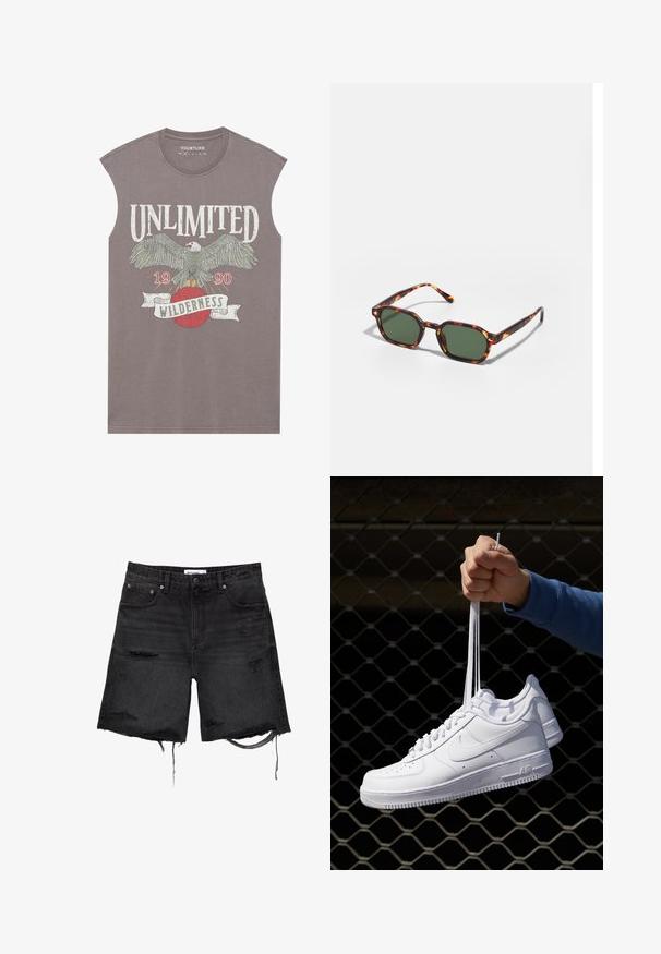Grauer ärmelloser T-Shirt mit einem Adler-Graphic, dem Text "UNLIMITED WILDERNESS" und einem roten Globus-Design. Weicher Baumwollstoff mit einer lockeren Passform.; PULL&BEAR BERMUDA  - Jeans Shorts - black; Weiße Leder-Sneaker mit Perforationen, runder Zehenpartie, flacher Sohle und dicken Schnürsenkeln, mit sichtbar eingesticktem Swoosh-Logo und "AIR" an der Ferse.; Schildpatt-Sonnenbrille mit grünen Gläsern, in einer achteckigen Form und schlanken, gebogenen Bügeln. Das Material hat eine glänzende Oberfläche.