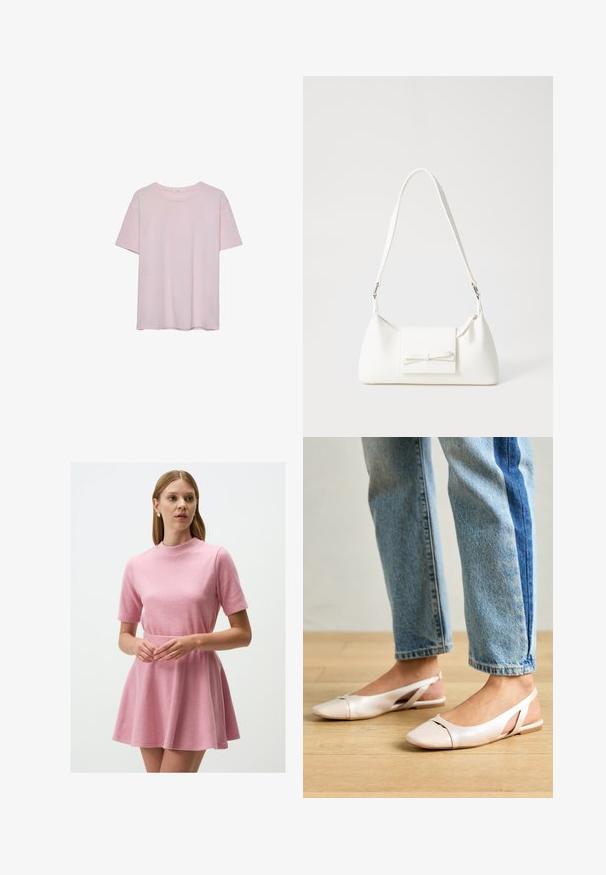 T-shirt en coton rose clair avec des manches courtes, un col rond et une coupe décontractée. Texture lisse et design simple, sans motifs ni accents supplémentaires.; Robe rose à manches courtes avec un col haut et une jupe évasée. Fabriquée en tissu doux, elle présente une texture lisse et un design simple.; Ballerines slingback rose pâle avec un bout pointu, fabriquées en un matériau semblable au cuir lisse. Présentent des découpes sur les côtés et un talon plat.; Sac à main synthétique blanc en forme triangulaire, avec un rabat avant plat et un détail en nœud, une bandoulière ajustable, une texture lisse et un design minimaliste.
