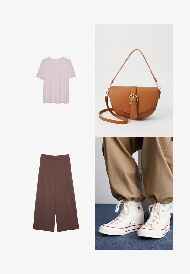 Světle růžové bavlněné tričko s krátkým rukávem, kulatým výstřihem a volným střihem. Hladká textura a jednoduchý design, bez dalších vzorů nebo akcentů.; Hnědé široké kalhoty s hladkou texturou, vysokým pasem a předními záhyby. Materiál je lehký a volně splývá.; Bílé vysoké tenisky vyrobené z plátna s gumovou podrážkou, s černým logem hvězdy a červenými a námořnickými pruhy.; Hnědá kožená křížová taška s zakřiveným tvarem, zlatými detaily a akcentem s přezkou. Obsahuje odnímatelný popruh na rameno.