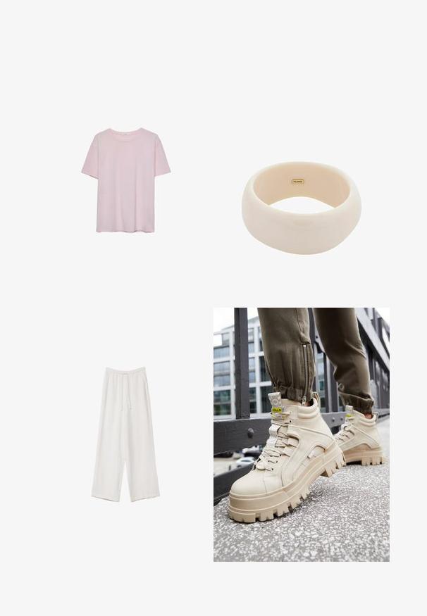 Jasnoróżowa bawełniana koszulka z krótkim rękawem, okrągłym dekoltem i luźnym krojem. Gładka faktura i prosty design, bez dodatkowych wzorów czy akcentów.; Białe spodnie o szerokich nogawkach wykonane z lekkiego materiału. Posiadają elastyczny pas z sznurkiem i boczne kieszenie. Gładka tekstura.; Beżowe sneakersy wysokie z grubą, teksturowaną podeszwą, sznurowanym fasonem i żółtymi akcentami. Teksturowany skórzany wierzch z kontrastującymi szwami.; Błyszczący beżowy bransoletka wykonana z gładkiej żywicy. Zaokrąglony kształt o jednolitej powierzchni i małe złote logo wewnątrz.