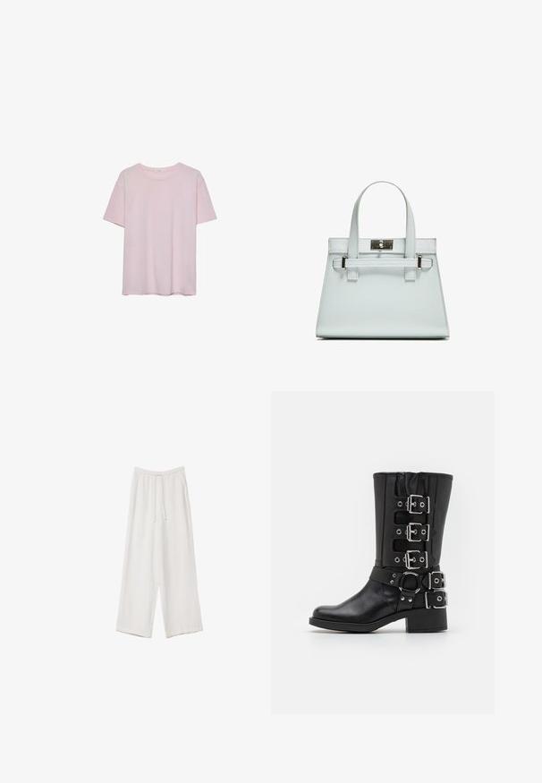 Svetlo roza bombažna majica s kratkimi rokavi, okroglim ovratnikom in sproščenim krojem. Gladka tekstura in preprost dizajn, brez dodatnih vzorcev ali akcentov.; Bele široke hlače iz lahkega materiala. Imajo elastičen pas s vrvico in stranske žepe. Gladka tekstura.; Črne usnjene škornje z visokim uloženim delom, ki vključujejo več srebrnih sponk in trakov, krožno okrasje ter debel petek. Mat zaključek.; Svetlo modra torbica z oblikovano zasnovo, dvema ročkama in kljuko iz srebrno-toniranega materiala. Teksturni material in ostri koti.