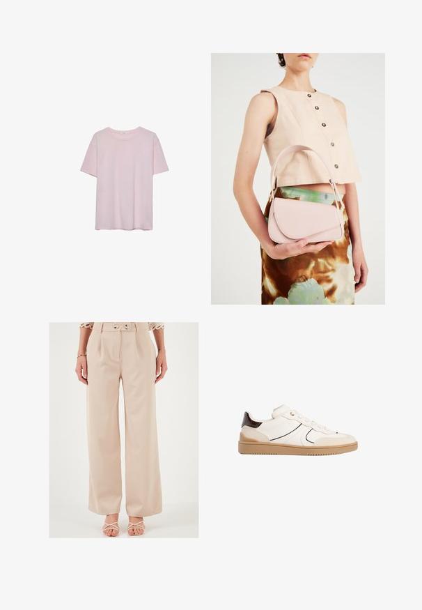 Jasnoróżowa bawełniana koszulka z krótkim rękawem, okrągłym dekoltem i luźnym krojem. Gładka faktura i prosty design, bez dodatkowych wzorów czy akcentów.; Beżowe spodnie o szerokich nogawkach z wysokim stanem, podwójnym zapięciem na guziki i plisowanym przodem. Wykonane z gładkiego materiału, z dopasowanym krojem.; Stradivarius - Sneakersy niskie; Różowa skórzana torebka z zakrzywioną klapą, pojedynczym paskiem na ramię i prostymi liniami. Torebka charakteryzuje się gładką teksturą i minimalistycznym designem.