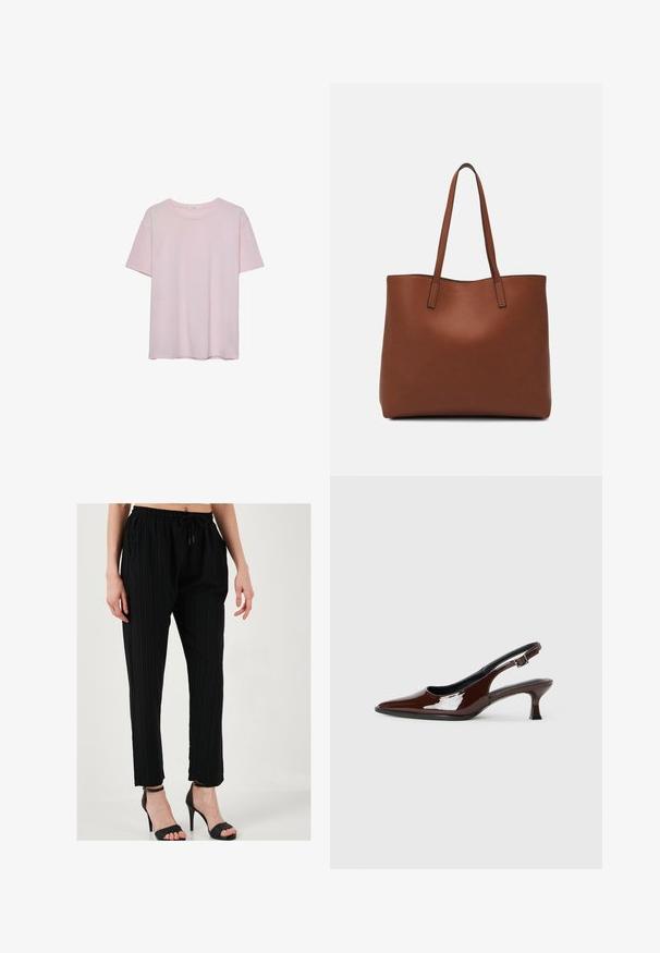 Světle růžové bavlněné tričko s krátkým rukávem, kulatým výstřihem a volným střihem. Hladká textura a jednoduchý design, bez dalších vzorů nebo akcentů.; LELA SLIM FIT - Kalhoty - black; Hnědé lakované kožené slingback boty s špičatou špičkou a mírným podpatkem. Disponují přezkou pro bezpečné upevnění. Hladký povrch.; Hnědá kožená taška přes rameno s hladkou texturou, otevřeným designem a dvěma ramenními popruhy. Obsahuje minimální švy a žádné viditelné kovové prvky.