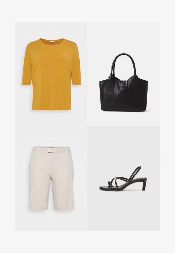 Kortärmad, senapsgul t-shirt i lättviktsmaterial. Har rund halsringning och avslappnad passform med en mjuk textur.; Beiga bomullsbyxor med knappstängning, två sidofickor och rak passform. Har en mjuk textur och en enkel design.; Svart sandaler med remmar och fyrkantig tå samt låg blockklack. Har flera tunna remmar och en justerbar ankelrem. Tillverkad av mjukt läder.; Svart läder tote-väska med slät yta, strukturerad form, två handtag och en framträdande silverfärgad spänne på framsidan.; Guldtonade ringörhängen med en slät, polerad yta. Har en halvcirkelform och en säker bakgång.