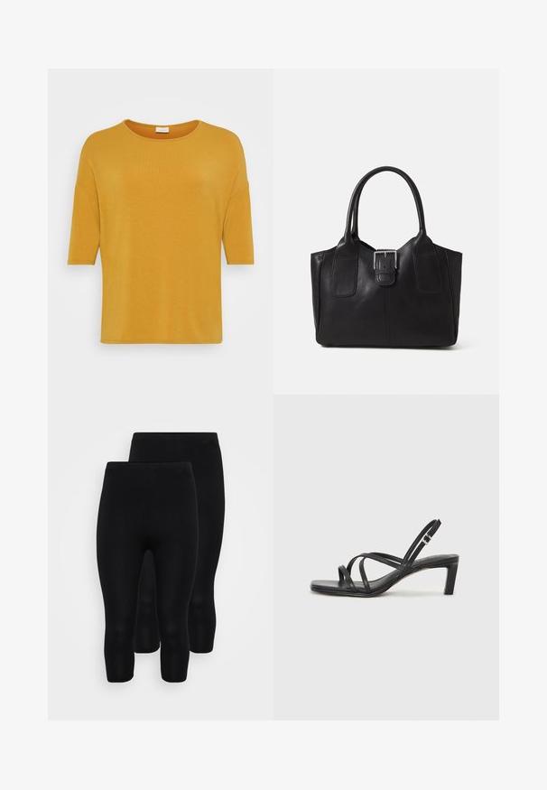 Rövid ujjú, mustár sárga póló könnyű anyagból. Kerek nyakkivágással és laza szabással rendelkezik, sima textúrával.; Fekete, rugalmas, varrás nélküli leggings, középidőig érő hosszúsággal, sima textúrával és kényelmes, rugalmas derékkal.; Fekete pántos szandál négyzetes orral és alacsony blokk sarkal. Több vékony pánttal és állítható boka pánttal rendelkezik. Sima bőrből készült.; Fekete bőr bevásárlótáska sima textúrával, strukturált formával, két fogantyúval és egy figyelemfelkeltő ezüst csattal az elején.