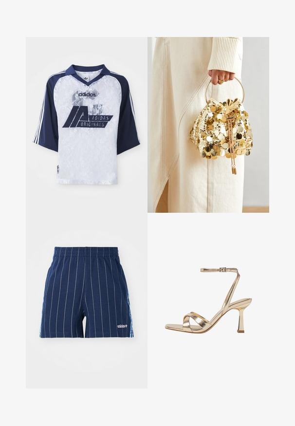 Adidas Originals Trikot mit kurzen blauen Ärmeln, weißem Körper aus Spitze und großem Logo. Verfügt über einen Kragen und Akzente in Form von drei Streifen.; Dunkelblaue Shorts mit weißen Streifen, elastischem Bund und Adidas-Logo. Mit blauen Akzenten an den Seiten, aus einem Baumwoll-Mischgewebe gefertigt.; Goldene, metallische High-Heelsandale mit einer Kriss-Kross-Riemen-Design, Fesselriemen mit Schnalle und einem glänzenden Blockabsatz. Quadratische Zehenform.; Goldfarbene Drawstring-Handtasche mit einem runden Griff, verziert mit glänzenden runden Pailletten und einem strukturierten Stoff. Abmessungen sind nicht angegeben.