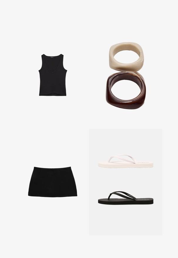 Débardeur en coton noir sans manches, avec un col en V et un ourlet droit, posé à plat sur un fond blanc.; Mini-jupe noire en coton avec une taille ajustée. Texture lisse, design simple et ourlet droit. Pas de motifs ou de pièces métalliques visibles.; Tongs en caoutchouc blanches et noires avec des semelles texturées, des brides fines et des couleurs contrastantes. Chaque paire présente un design simple et un branding minimal.; Stradivarius SET - Bracelet - dark brown